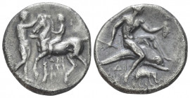 Calabria, Tarentum Nomos circa 280-272, AR 21.00 mm., 6.20 g.
 Nude youth on horseback l.; to l., nude male standing right, crowning horse. In r. fie...