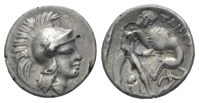 Calabria, Tarentum DIobol circa 280-228, AR 11.00 mm., 0.65 g.
Head of Athena r...