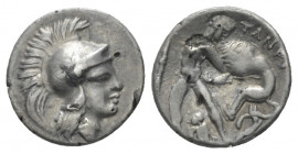 Calabria, Tarentum DIobol circa 280-228, AR 11.00 mm., 0.65 g.
Head of Athena r., wearing crested Attic helmet. Rev. Heracles r., fighting Nemaen lio...