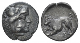 Lucania, Heraclea Diobol circa 432-420, AR 11.00 mm., 3.59 g.
Head of Heracles r., wearing lion skin. Rev. Lion advancing l.; above, HE. Historia Num...