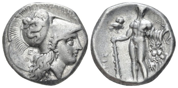 Lucania, Heraclea Nomos circa 281-278, AR 20.50 mm., 7.85 g.
Helmeted head of A...