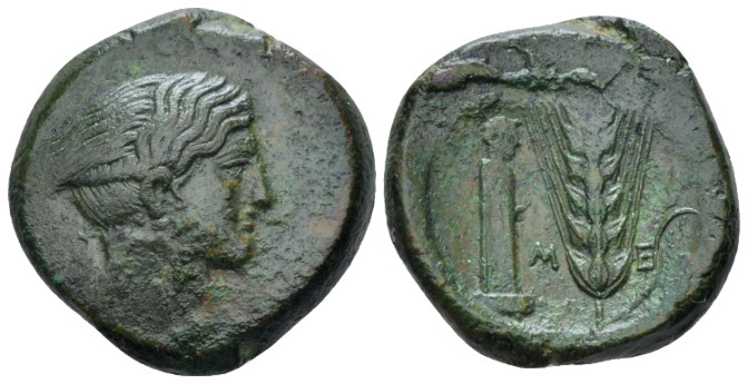 Lucania, Metapontum Bronze circa 425-350, Æ 22.00 mm., 10.38 g.
Head of Nike r....