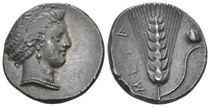 Lucania, Metapontum Nomos circa 400-340, AR 21.00 mm., 7.71 g.
Head of Demeter ...