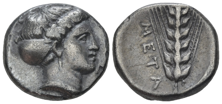 Lucania, Metapontum Nomos circa 400-340, AR 19.00 mm., 7.70 g.
 Head of Demeter...