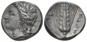 Lucania, Metapontum Nomos circa 330-290, AR 19.00 mm., 7.79 g.
Wreathed head of Demeter l. Rev. Barley ear with leaf to l.; above leaf, griffin sprin...