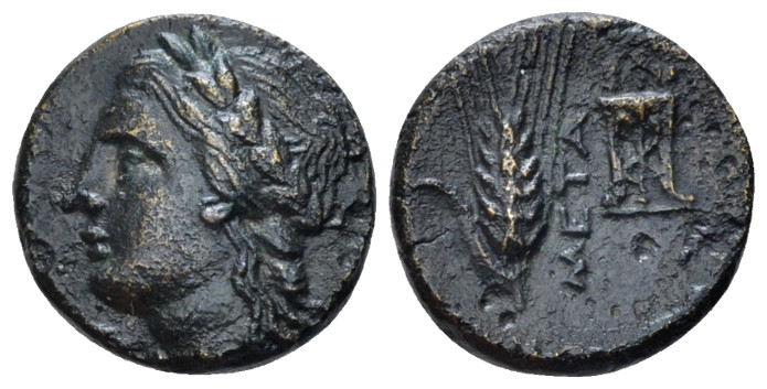Lucania, Metapontum Bronze circa 300-250, Æ 15.00 mm., 2.66 g.
Laureate head of...