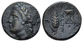 Lucania, Metapontum Bronze circa 300-250, Æ 15.00 mm., 2.66 g.
Laureate head of Apollo l. Rev. Grain ear with leaf to l.; tripod to r. Johnston Bronz...