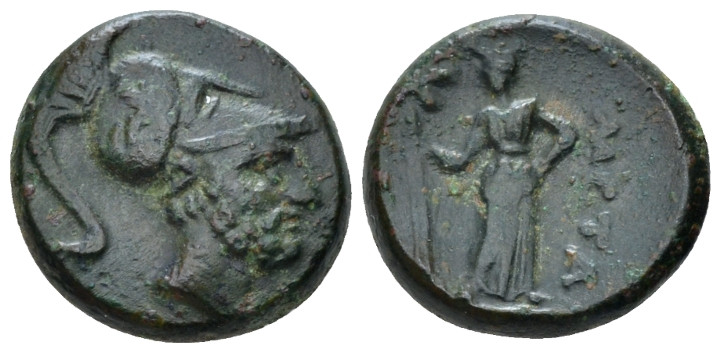 Lucania, Metapontum Bronze circa 225-200, Æ 15.00 mm., 4.41 g.
 Helmeted head o...