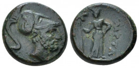 Lucania, Metapontum Bronze circa 225-200, Æ 15.00 mm., 4.41 g.
 Helmeted head of Leucippos r. Rev. Demeter standing facing, head r., holding long-cro...