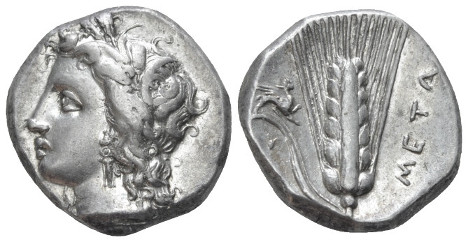 Lucania, Metapontum Nomos circa 330-290, AR 20.00 mm., 7.87 g.
Wreathed head of...