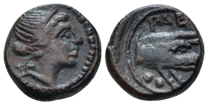 Lucania, Poseidonia as Paestum Sextans circa 218-201, Æ 14.00 mm., 3.11 g.
Fema...