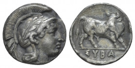 Lucania, Sybaris Triobol circa 446-440, AR 12.00 mm., 1.20 g.
Helmeted head of Athena r. Rev. Bull standing r., head l. Historia Numorum Italy 1751. ...