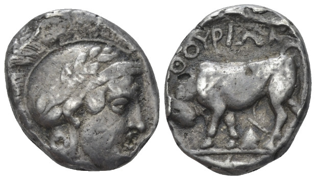 Lucania, Thurium Nomos circa 400, AR 20.00 mm., 6.43 g.
Head of Athena r., wear...