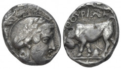 Lucania, Thurium Nomos circa 400, AR 20.00 mm., 6.43 g.
Head of Athena r., wearing Attic helmet decorated with laurel wreath. Rev. Bull walking l.; p...