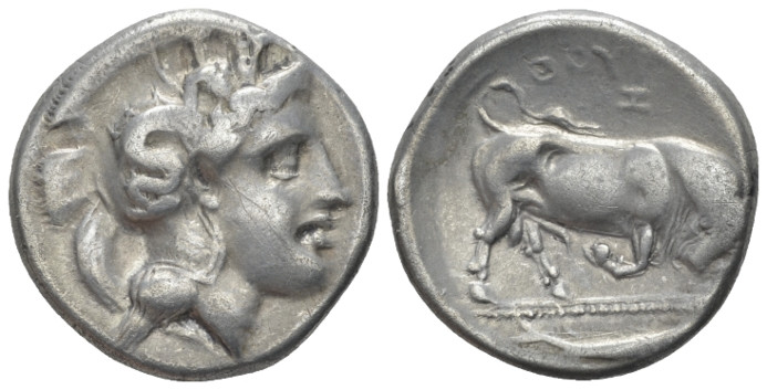 Lucania, Thurium Nomos circa 350-300, AR 22.00 mm., 7.73 g.
Head of Athena r., ...