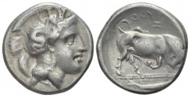 Lucania, Thurium Nomos circa 350-300, AR 22.00 mm., 7.73 g.
Head of Athena r., wearing crested Attic helmet decorated with Scylla holding trident. Re...