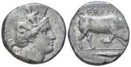 Lucania, Thurium Di-nomos circa 380-350, AR 26.50 mm., 15.73 g.
Head of Athena r., wearing crested Attic helmet decorated with Scylla scanning; behin...