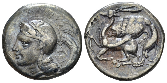 Lucania, Velia Didrachm circa 280, AR 21.00 mm., 7.08 g.
Helmeted head of Athen...