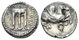 Bruttium, Croton Triobol circa 525-425, AR 12.00 mm., 1.31 g.
Tripod. Rev. Pegasus with curved wing flying r. Historia Numorum Italy 2127. SNG ANS 32...