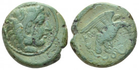 Bruttium, Croton Bronze circa 350-300, Æ 19.00 mm., 6.77 g.
Head of Heracles r., wearing lion skin headdress. Rev. Eagle r., alighting on snake. SNG ...