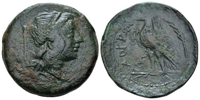 Bruttium, Locri Bronze circa 287-278, Æ 29.00 mm., 16.80 g.
Head of Persephone ...