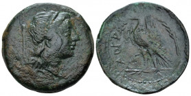 Bruttium, Locri Bronze circa 287-278, Æ 29.00 mm., 16.80 g.
Head of Persephone r., long hair loosely gathered; in l., field, torch. Rev. Eagle standi...