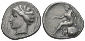 Bruttium, Terina Nomos circa 440-425, AR 23.00 mm., 7.24 g.
 Head of the nymph Terina l., wearing ampyx and necklace, within olive wreath. Rev. Nike ...