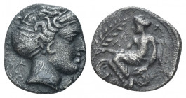Bruttium, Terina Triobol circa 400-350, AR 12.00 mm., 1.09 g.
Head of the nymph Terina r. Rev. Nike seated l. on Ionic capital, holding palm branch. ...