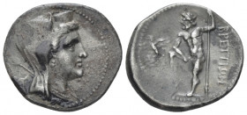 Bruttium, The Brettii Drachm circa 216-214, AR 19.00 mm., 4.68 g.
Veiled head of Hera Lacinia, wearing polos and holding sceptre; in l. field, fly (?...