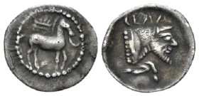Sicily, Gela Litra circa 465-450, AR 13.00 mm., 0.77 g.
Horse standing r., with bridle loose; in field above, wreath. Rev. Forepart of man-headed bul...