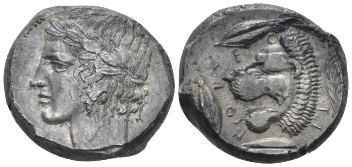 Sicily, Leontini Tetradrachm circa 430-425 BC, AR 25.00 mm., 17.40 g.
Laureate ...