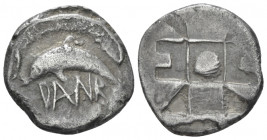 Sicily, Messana as Zankle Chalcidian drachm circa 500-493, ,
 Dolphin swimming l. within sickle-shaped open harbour; outer edge of wharf surrounded b...