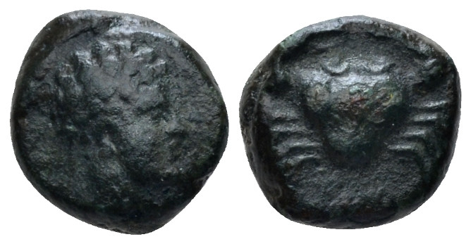 Sicily, Motya Uncia IV century BC, Æ 11.00 mm., 2.23 g.
Male head r. Rev. Crab....