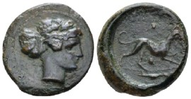 Sicily, Segesta Hexas circa 400-390, Æ 19.00 mm., 5.80 g.
Head of nymph r. Rev. Hound r.; above and below, two pellets. In exergue, weasel l. Calciat...