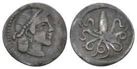 Sicily, Syracuse Litra circa 460-450, AR 13.00 mm., 0.51 g.
Pearl-diademed head of Arethusa r. Rev. Octopus. SNG ANS 130. Boehringer 422.

Old cabi...