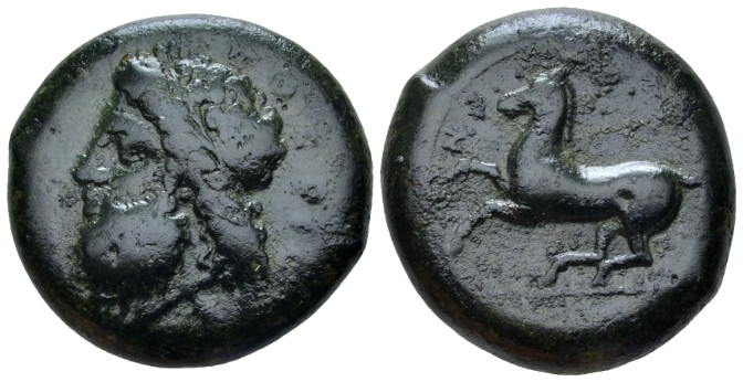 Sicily, Syracuse Dilitron circa 344-337, Æ 26.00 mm., 20.22 g.
 Head of Zeus El...