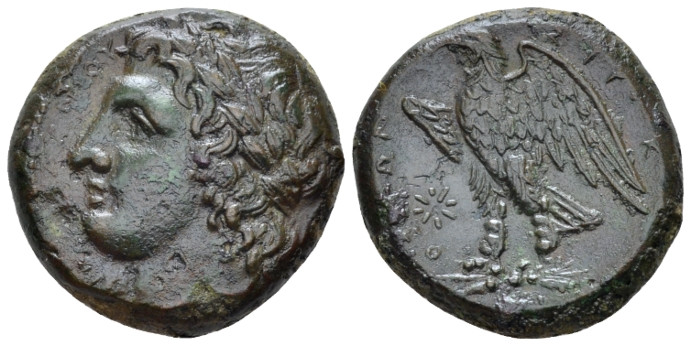 Sicily, Syracuse Bronze circa 287-278, Æ 22.00 mm., 11.52 g.
Laureate head of A...