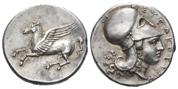 Sicily, Syracuse Corinthian stater circa 334-317, AR 21.50 mm., 8.42 g.
Pegasus...