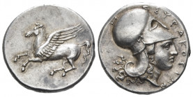 Sicily, Syracuse Corinthian stater circa 334-317, AR 21.50 mm., 8.42 g.
Pegasus flying l. Rev. ΣΥΡΑΚΟΣΙΩN Head of Athena r., wearing Corinthian helme...