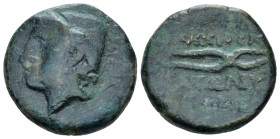 Island of Sicily, Lipara Bronze III century BC, Æ 20.00 mm., 5.46 g.
Head of Hephaestus 1., wearing pileus. Rev. Tongs. SNG München 1693. Calciati 48...