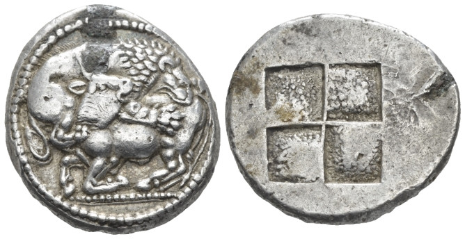 Macedonia, Acanthus Tetradrachm circa 470, AR 27.00 mm., 17.23 g.
 Lion r., att...