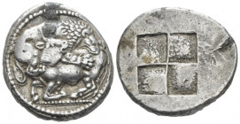 Macedonia, Acanthus Tetradrachm circa 470, AR 27.00 mm., 17.23 g.
 Lion r., attacking bull kneeling l. Rev. Shallow four-part incuse square. SNG ANS ...