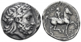 Kingdom of Macedon, Philip II, 359-336 Amphipolis Tetradrachm circa 307-297 BC, AR 22.00 mm., 13.82 g.
Laureate head of Zeus r. Rev. Youth on horseba...