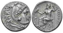 Kingdom of Macedon, Alexander III, 336-323. Lampsakos Tetradrachm circa 329-323, AR 25.00 mm., 16.95 g.
Head of Herakles r., wearing lion skin. Rev. ...