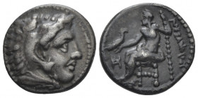 Kingdom of Macedon, Alexander III, 336-323. Miletus Drachm circa 325-323, AR 26.50 mm., 4.19 g.
Head of Herakles r., wearing lion skin headdress. Rev...