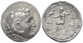 Kingdom of Macedon, Alexander III, 336 – 323 and posthmous issues Miletus Tetradrachm circa 210-190, AR 30.00 mm., 16.64 g.
Head of Heracles r., wear...