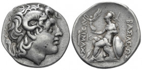 Kingdom of Thrace, Lysimachus, 323-281 Lampsacus Tetradrachm circa 297-281, AR 30.00 mm., 16.93 g.
Diademed head of the deified Alexander r., with ho...