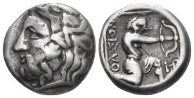 Island of Thrace, Thasos Didrachm circa 335-310, AR 17.00 mm., 7.33 g.
Wreathed head of Dionysus l. Rev. Herakles, wearing lion skin headdress, kneel...