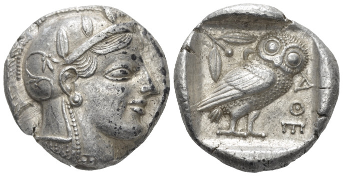 Attica, Athens Tetradrachm circa 455, AR 25.00 mm., 17.18 g.
Head of Athena r.,...