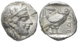 Attica, Athens Tetradrachm circa 455, AR 25.00 mm., 17.19 g.
Head of Athena r., wearing crested helmet decorated with olive leaves and spiral palmett...